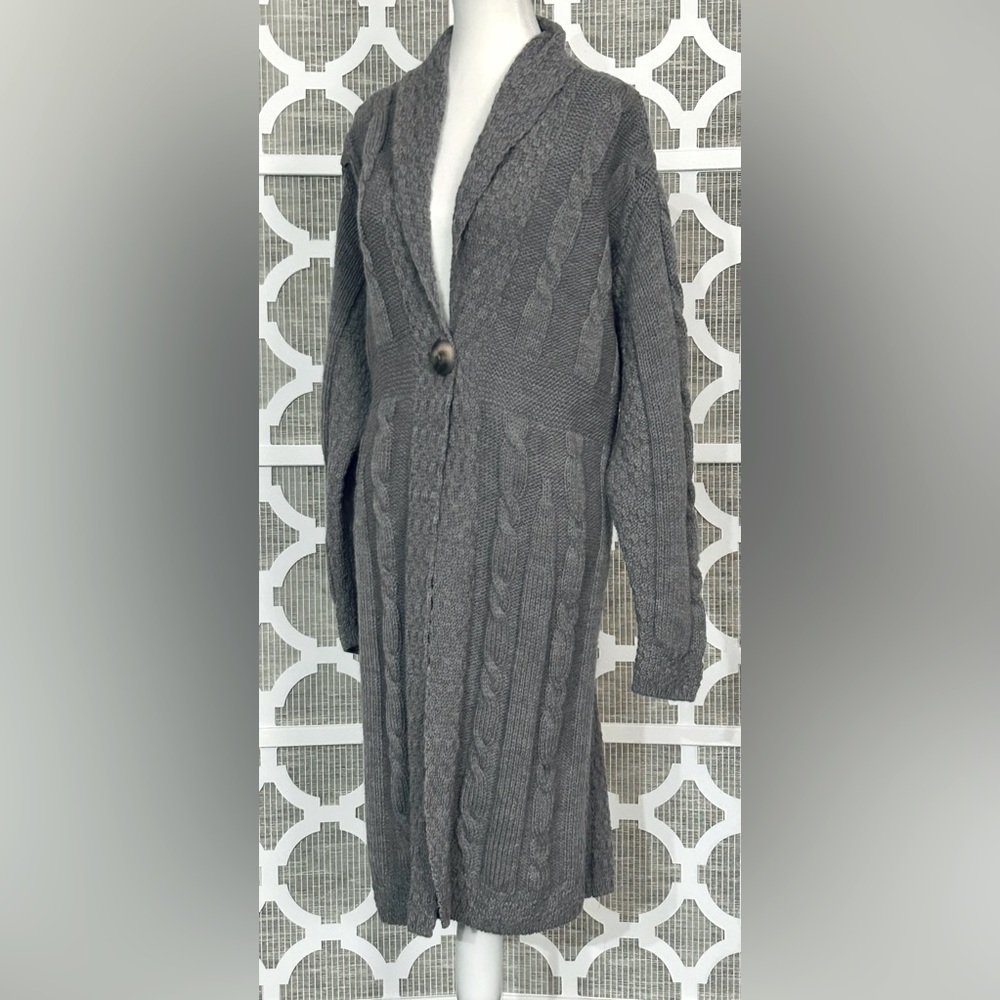 Aran Crafts Wool Gray Cable Knit Cardigan Irish XL 1X 2X Long Button Plus XXL - Picture 10 of 14